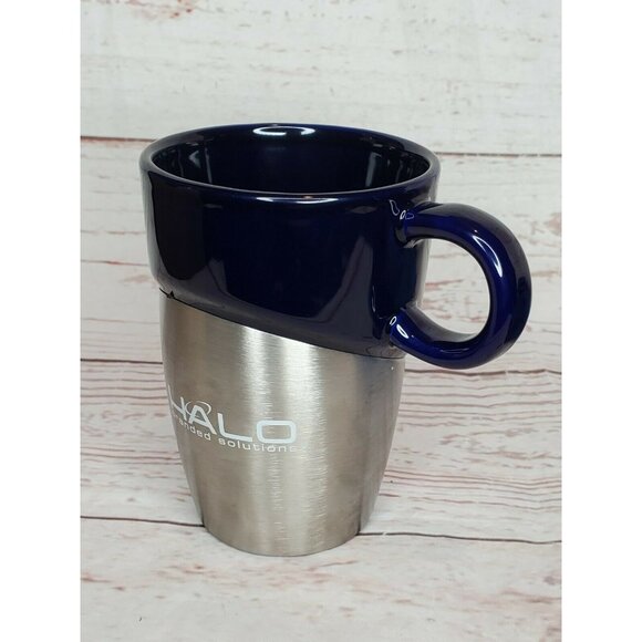 Rare Halo Branded Solutions Leeds ASI Silver Metal Half Glass Blue Mug 66887 - Picture 8 of 11